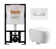 Сет: Инсталляция Loranto Prestige + унитаз подвесной Azario UNO 4551+AZ-2380+7520 безободковый, сиденье микролифт + Кнопка квадратная, белый глянец 