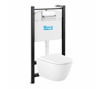 Комплект Roca Ona Rimless ZRU9310392 подвесной унитаз безободковый + сиденье микролифт + инсталляция + кнопка смыва хром глянец