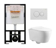 Сет: Инсталляция Loranto Prestige + унитаз подвесной Azario UNO 4551+AZ-2380+7510 безободковый, сиденье микролифт + Кнопка круглая, белый глянец