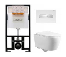 Сет: Инсталляция Loranto Prestige + унитаз подвесной Azario UNO 4551+AZ-2380+7520 безободковый, сиденье микролифт + Кнопка квадратная, белый глянец 