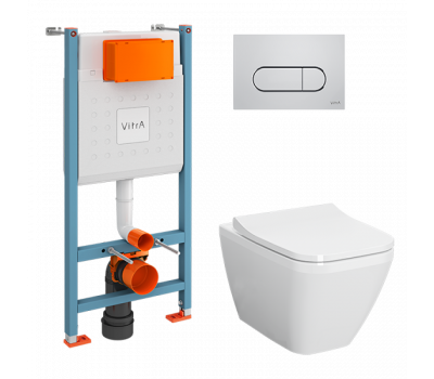 Комплект: Vitra Integra Square 9856B003-7207 подвесной Безободковый унитаз + тонкое сиденье + инсталляция + панель смыва хром глянец