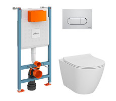 Комплект: Vitra Sanibelle 9878B003-7200 подвесной Безободковый унитаз + тонкое сиденье + инсталляция + панель смыва хром глянец