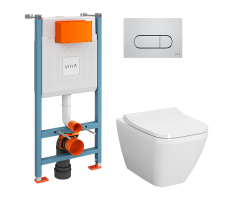 Комплект: Vitra Integra Square 9856B003-7207 подвесной Безободковый унитаз + тонкое сиденье + инсталляция + панель смыва хром глянец