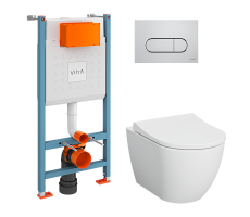 Комплект: Vitra Mia Round 9873B003-7201 подвесной Безободковый унитаз + тонкое сиденье + инсталляция + панель смыва хром глянец (740-2280)