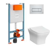 Комплект: Vitra Zentrum Square 9875B003-7201 подвесной Безободковый унитаз + тонкое сиденье + инсталляция + панель смыва хром глянец