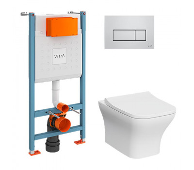 Комплект: Vitra Zentrum Square 9875B003-7201 подвесной Безободковый унитаз + тонкое сиденье + инсталляция + панель смыва хром глянец