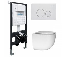 Комплект подвесной унитаз ABBER Bequem AC1132TC белый, с закрытым дном с инсталляцией AC0105 и кнопкой AC0121MW белая матовая 