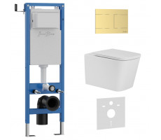 Комплект 3в1 IBERICA BLANCA инсталляция SILENCIO MINI, унитаз TOLEDO ALTO белый, кнопка смыва INOX-R золото матовое (IB.001M.TLA.234.1503) 