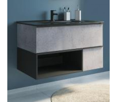 Тумба-умывальник Comforty Франкфурт 90 бетон светлый с раковиной Comforty 90E черная матовая 00-00006503 