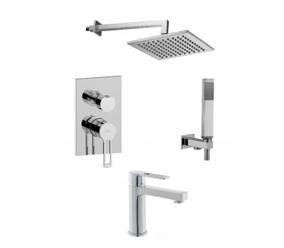 Комплект Paffoni KITRIN018CR071 со смесителем для раковины RIN071CR, смеситель для душа RIN018CR/M на 2 выхода, душ 200x200 мм, Ringo, хром  