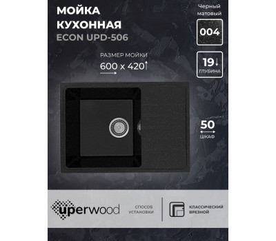 Кухонная мойка из искусственного камня Uperwood ECON UPD-506-004, прямоугольная, черная матовая 4910201242 