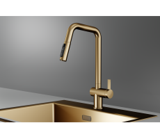 Смеситель для кухни GRANULA KS-7273, ЗОЛОТО САТИН, с выдвижным изливом с переключением на душ и фильтром,сталь 