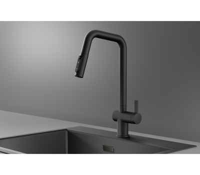 Смеситель для кухни GRANULA KS-7273, ЧЕРНЫЙ МАТОВЫЙ, с выдвижным изливом с переключением на душ и фильтром,сталь 
