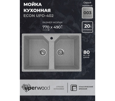 Кухонная мойка из искусственного камня Uperwood ECON UPD-402-003, прямоугольная, 2 чаши, серая матовая 4010202114 