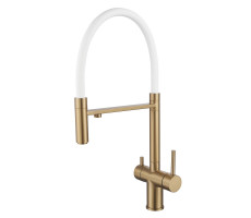 Смеситель для кухни с гибким изливом и подключением фильтра Shevanik S178G, золотой сатин/белый
