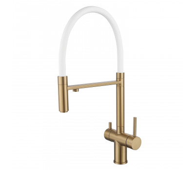 Смеситель для кухни с гибким изливом и подключением фильтра Shevanik S178G, золотой сатин/белый