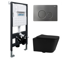 Комплект подвесной унитаз ABBER Rechteck AC1201MB черный матовый с инсталляцией AC0105 и кнопкой AC0121NG никель 