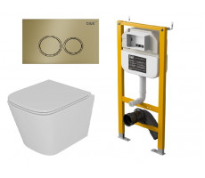 Комплект D&K Унитаз подвесной безободковый (торнадо) DT1436516 белый, Инсталляция DI8050127, Клавиша смыва DB1529007 матовое золото (DS1431633) 