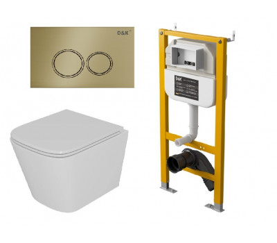 Комплект D&K Унитаз подвесной безободковый (торнадо) DT1436516 белый, Инсталляция DI8050127, Клавиша смыва DB1529007 матовое золото (DS1431633) 