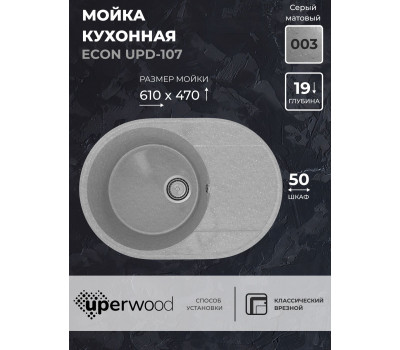 Кухонная мойка из искусственного камня Uperwood ECON UPD-107-003, овальная, серая матовая 4910201245 