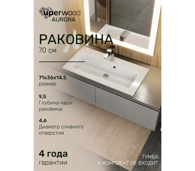 Раковина для ванной 70 см, Uperwood Aurora, белая глянцевая RAurora70wg 