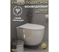 Унитаз подвесной торнадо безободковый с быстросъемным сиденьем микролифт Teymi Lori Vortex 3 поколения T40506 