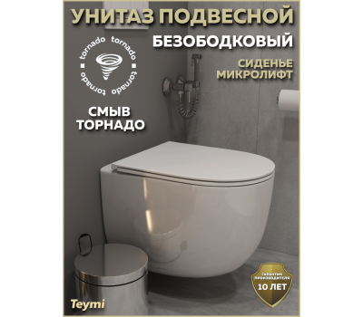 Унитаз подвесной торнадо безободковый с быстросъемным сиденьем микролифт Teymi Lori Vortex 3 поколения T40506 