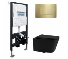 Комплект подвесной унитаз ABBER Rechteck AC1201MB черный матовый с инсталляцией AC0105 и кнопкой AC0120MMG золото матовое 