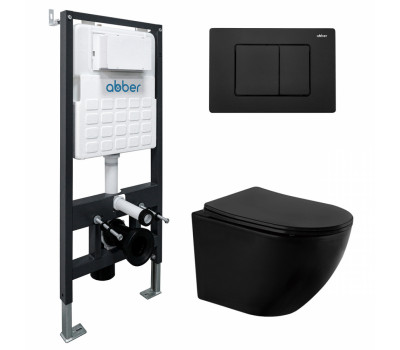 Комплект подвесной унитаз ABBER Bequem AC1100MB черный матовый с инсталляцией AC0105 и кнопкой AC0120MB черная матовая 