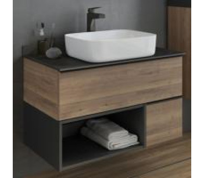 Тумба Comforty Штутгарт-90 дуб тёмно-коричневый с черной столешницей c раковиной T-Y9378