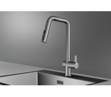 Смеситель для кухни GRANULA KS-7273, СТАЛЬ МАТОВАЯ, с выдвижным изливом с переключением на душ и фильтром, сталь 