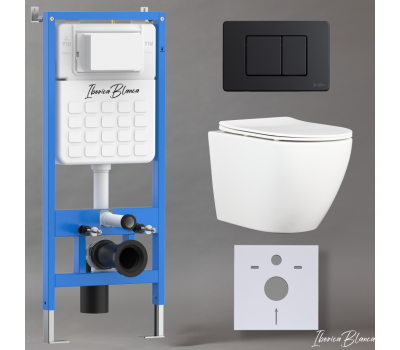 Комплект 3в1 IBERICA BLANCA инсталляция SILENCIO, унитаз BILBAO ALTO белый, кнопка смыва INOX-C черный матовый (IB001.BLA.234.112) 