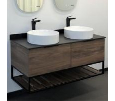 Тумба-умывальник Comforty Порто-120-2 дуб тёмно-коричневый с черной столешницей c двумя раковинами COMFORTY 9110 