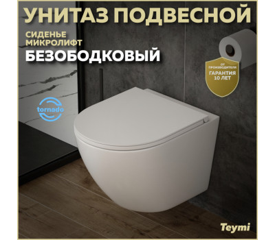 Унитаз подвесной торнадо безободковый с быстросъемным сиденьем микролифт Teymi Lina Vortex T40110 