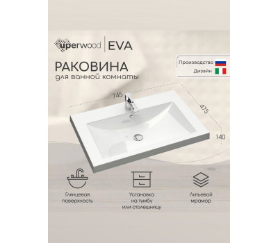 Раковина для ванной 75 см, Uperwood Eva, белая глянцевая 4548340003 