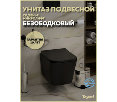 Унитаз подвесной торнадо безободковый с быстросъемным сиденьем микролифт Teymi Helmi Pro Vortex Black черный матовый T40311 