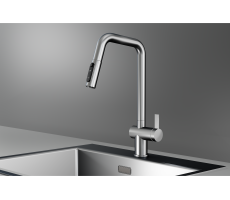 Смеситель для кухни GRANULA KS-7273, СТАЛЬ САТИН, с выдвижным изливом с переключением на душ и фильтром,сталь 