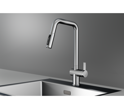 Смеситель для кухни GRANULA KS-7273, СТАЛЬ САТИН, с выдвижным изливом с переключением на душ и фильтром,сталь 