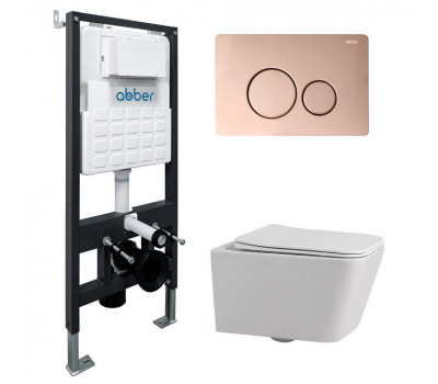 Комплект подвесной унитаз ABBER Rechteck AC1201 белый с инсталляцией AC0105 и кнопкой AC0121RG золото розовое Комплект подвесной унитаз ABBER Rechteck AC1201 белый с инсталляцией AC0105 и кнопкой AC0121RG золото розовое