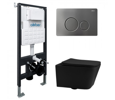 Комплект подвесной унитаз ABBER Rechteck AC1201MB черный матовый с инсталляцией AC0105 и кнопкой AC0121MCH матовый хром 