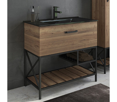 Тумба-умывальник Comforty Бредфорд 90 дуб темный с раковиной Comforty 90E черная матовая 00004148003 Тумба-умывальник Comforty Бредфорд 90 дуб темный с раковиной Comforty 90E черная матовая 00004148003