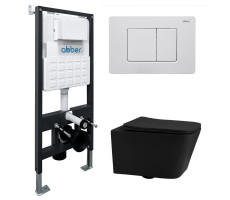 Комплект подвесной унитаз ABBER Rechteck AC1201MB черный матовый с инсталляцией AC0105 и кнопкой AC0120MW белая матовая 