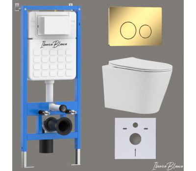 Комплект 3в1 IBERICA BLANCA инсталляция SILENCIO, унитаз BURGOS ALTO белый, кнопка смыва INOX-O золото глянцевое (IB001.BRA.234.816) 