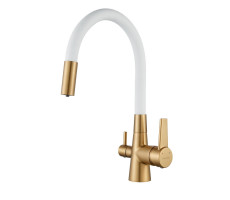 Смеситель для кухни с гибким изливом и подключением фильтра Shevanik S668G, золотой сатин/белый