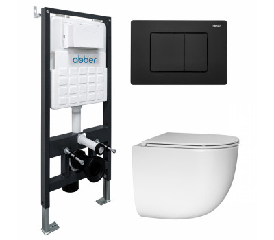 Комплект подвесной унитаз ABBER Bequem AC1132TC белый, с закрытым дном с инсталляцией AC0105 и кнопкой AC0120MB черный матовый Комплект подвесной унитаз ABBER Bequem AC1132TC белый, с закрытым дном с инсталляцией AC0105 и кнопкой AC0120MB черный матовый