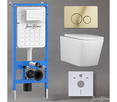 Комплект 3в1 IBERICA BLANCA инсталляция SILENCIO, унитаз TOLEDO ALTO белый, кнопка смыва INOX-O золото глянцевое (IB001.TLA.234.816) 