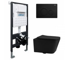 Комплект подвесной унитаз ABBER Rechteck AC1201MB черный матовый с инсталляцией AC0105 и кнопкой AC0121MB черный матовый 