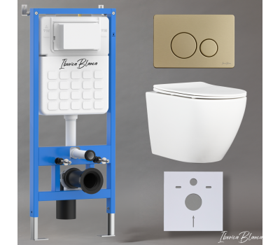 Комплект 3в1 IBERICA BLANCA инсталляция SILENCIO, унитаз BILBAO ALTO белый, кнопка смыва INOX-O золото матовое (IB001.BLA.234.815) 