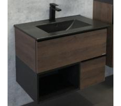 Тумба-умывальник Comforty Франкфурт-75 дуб шоколадно-коричневый с раковиной COMFORTY 75E черная матовая 00-00000889 