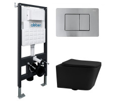 Комплект подвесной унитаз ABBER Rechteck AC1201MB черный матовый с инсталляцией AC0105 и кнопкой AC0120MCH матовый хром 